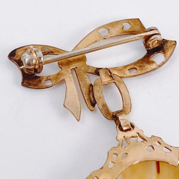 Vintage 1940s 12K Gold Filled Bow Brooch Gemstone Cabochon Mid Century Pin - Picture 8 of 14